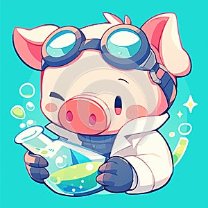 A hardworking pig scientist cartoon style