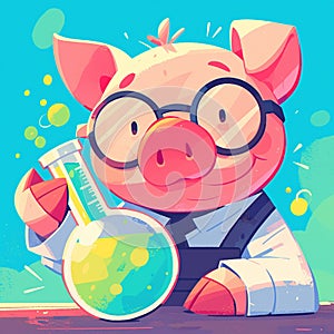 A hardworking pig scientist cartoon style