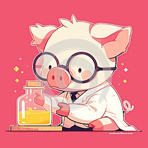 A hardworking pig scientist cartoon style