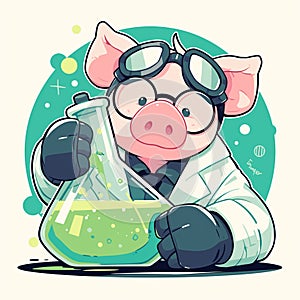 A hardworking pig scientist cartoon style