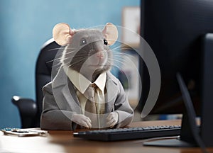 Hardworking rat wearing suit working on its computer at office. Realistic generative AI illustration