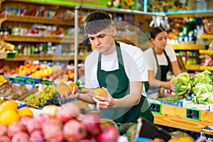 Hardworking young salesman puts fresh oranges on the counter