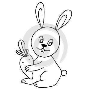 Hare, black and white vector illustration for coloring book. Easter Bunny with a carrot. Holiday pattern with bunnies. Idea for gr