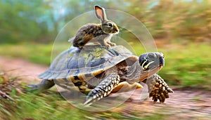 Hare on the Carapace of a Fast Turtle Running at Full Speed - Generative Ai