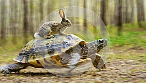 Hare on the Carapace of a Fast Turtle Running at Full Speed - Generative Ai