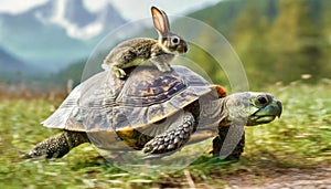 Hare on the Carapace of a Fast Turtle Running at Full Speed - Generative Ai
