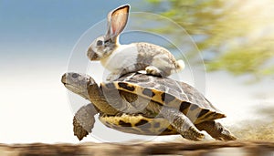 Hare on the Carapace of a Fast Turtle Running at Full Speed - Generative Ai