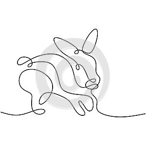 Hare continuous one line drawing. Easter bunny rabbit jumping in the garden isolated on white background. Cute pet animals concept
