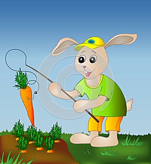Hare with a fishing tackle and a carrot