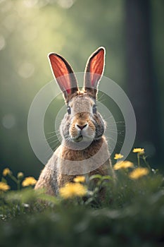 Hare in the forest in backlight. Rabbit sitting in the forest. Bunny sits looking at the camera