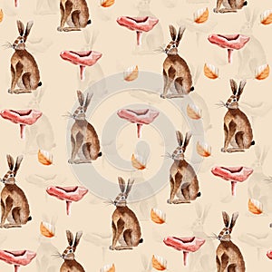 Hare forest mushroom, falling autumn leaves watercolor seamless pattern