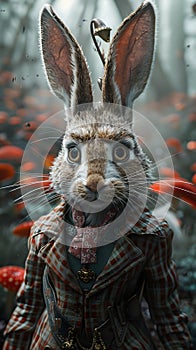 A rabbit in formal attire in a mushroomfilled field