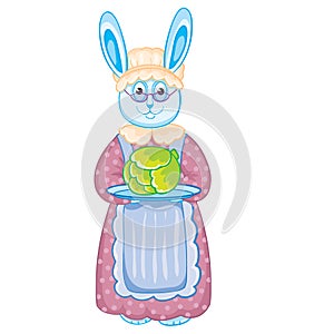 Hare granny in a cap and apron holds a tray with a head of cabbage in his hands, isolated object on a white background, vector