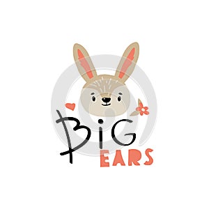 Hare Head with Big Ears Inscription Doodle Vector Illustration