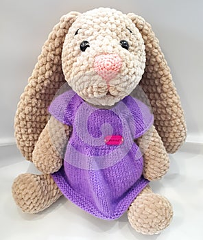 Hare with long ears,  hare in a dress, lilac, brown, knitted, manual