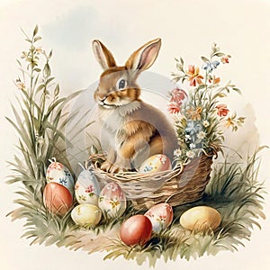 A hare is nestled in a basket with Easter eggs and flowers