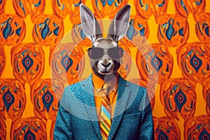 hare in an orange shirt, in the style of bold fashion photography