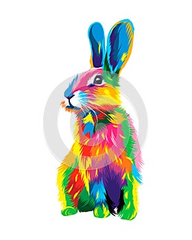 Hare, rabbit from multicolored paints. Splash of watercolor, colored drawing, realistic