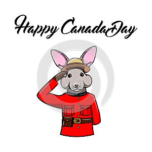 Hare Royal Canadian Mounted Police. Cana day greeting card. Rabbit. Buny. Happy Canada day lettering. Vector.