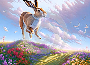 Hare running in nature - Generative AI