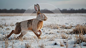Hare running in the winter field