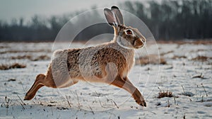 Hare running in the winter field