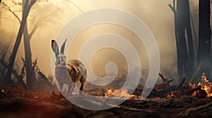 The hare's determination is evident as it bravely bounds through the fiery landscape
