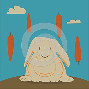 Hare`s dream. Cute rabbit and carrot rain