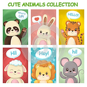 Hare, tirg, mouse, panda, lamb, lion with quick answers text Bright cards with cute animals