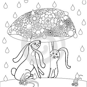 Hare under mushroom. Cute funny cartoons hand drawn art design stock vector illustration