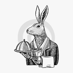 Hare waiter with a dish. Rabbit flunky or garcon. Fashion animal character. Hand drawn sketch. Vector engraved