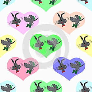 Hare and a wolf in colored hearts Valentines Day seamless vector pattern