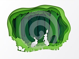 Hares on a clearing in the forest. Summer vector illustration. Paper cut design. Natural landscape. Animals in the wild