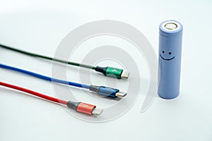 Ð¡harging cables and battery 18650 with smile isolated