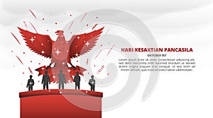 Hari Kesaktian Pancasila or Pancasila Sanctity Day with red garuda and heroes