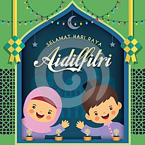 Hari Raya Aidilfitri - cartoon muslim celebrate idul fitri