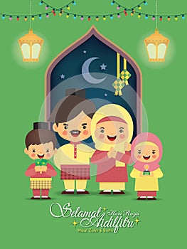 Hari Raya Aidilfitri - cartoon muslim or malay family celebrate idul fitri