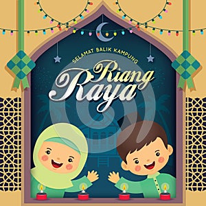 Hari Raya Aidilfitri - cartoon muslim return hometown to celebrate idul fitri