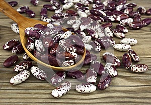 Haricot beans in a wooden spoon on wooden background