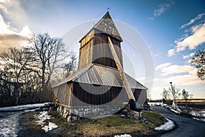 Harkeberga - March 29, 2018: Tower of the old church of Harkeberga, Sweden