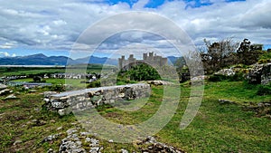 Harlech Castle, Wales, UK with Clouds and Mountains