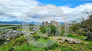 Harlech Castle, Wales, UK with Clouds and Mountains