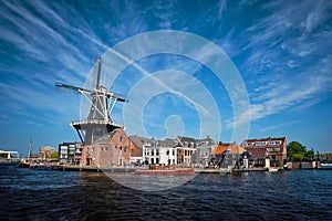 Harlem landmark windmill De Adriaan on Spaarne river. Harlem,