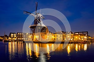 Harlem landmark windmill De Adriaan on Spaarne river. Harlem,