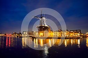 Harlem landmark windmill De Adriaan on Spaarne river. Harlem,