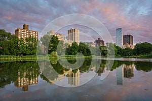 Harlem Meer at sunset, in Central Park, Manhattan, New York City