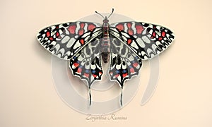 Harlequin butterfly. Realistic illustration of Zerynthia rumina, with white wings and black and red spots