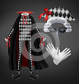 Harlequin costume with cape, starched wig and mask