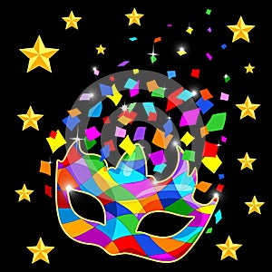 Harlequin Mask Mardi Gras Carnival Colorful Costume and Confetti Vector Illustration