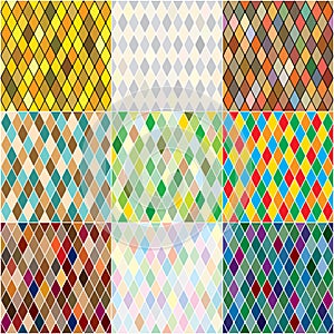 Harlequin's polychromatic mosaic patchwork, multi-colored seamless patterns, set of colorful tiles.